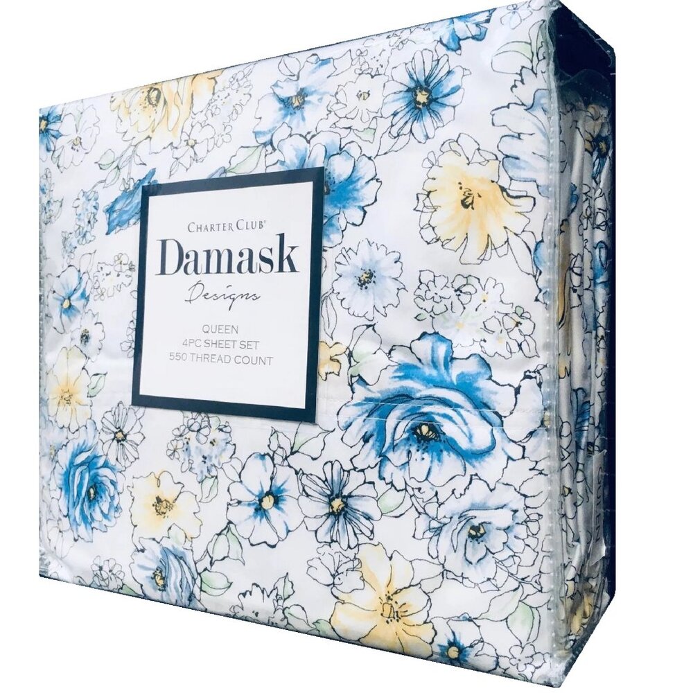 new Outlined Floral Cornflower Charter Club Solid 550 TC Cotton QUEEN Sheet Set - Picture 3 of 13
